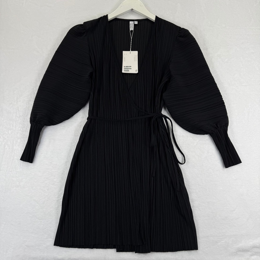 &‎ Other Stories Stockholm Atelier Black Pleated Plisse Wrap Mini Dress US 2 NEW